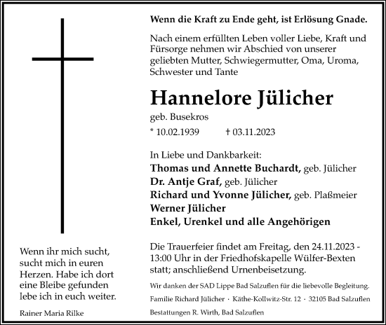 Anzeige  Hannelore Jülicher  Lippische Landes-Zeitung