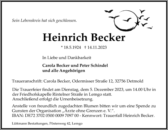 Anzeige  Heinrich Becker  Lippische Landes-Zeitung