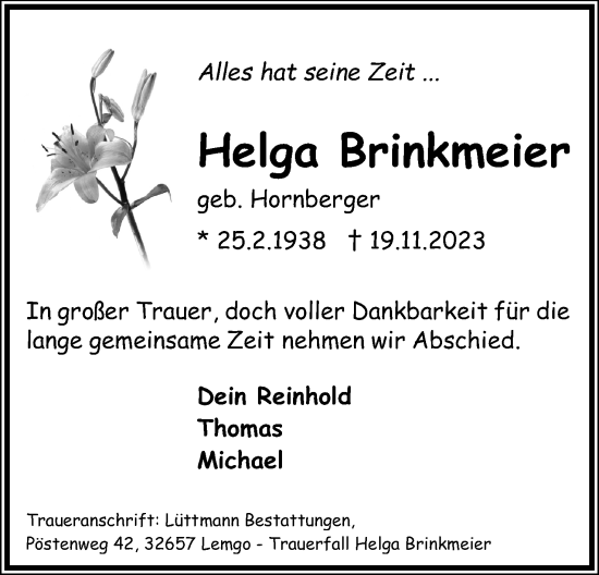 Anzeige  Helga Brinkmeier  Lippische Landes-Zeitung