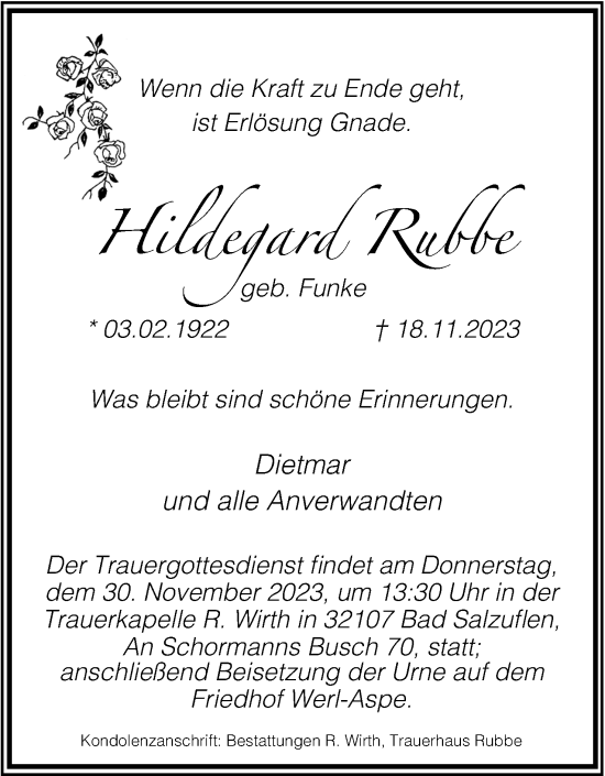 Anzeige  Hildegard Rubbe  Lippische Landes-Zeitung