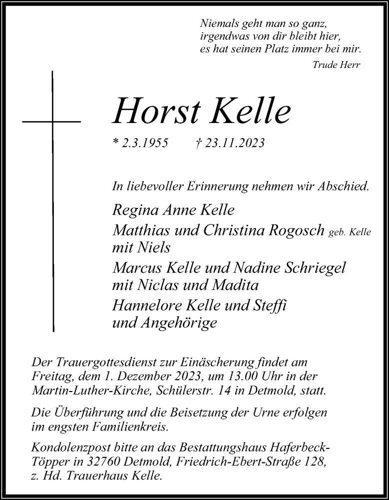  Traueranzeige für Horst Kelle vom 28.11.2023 aus Lippische Landes-Zeitung