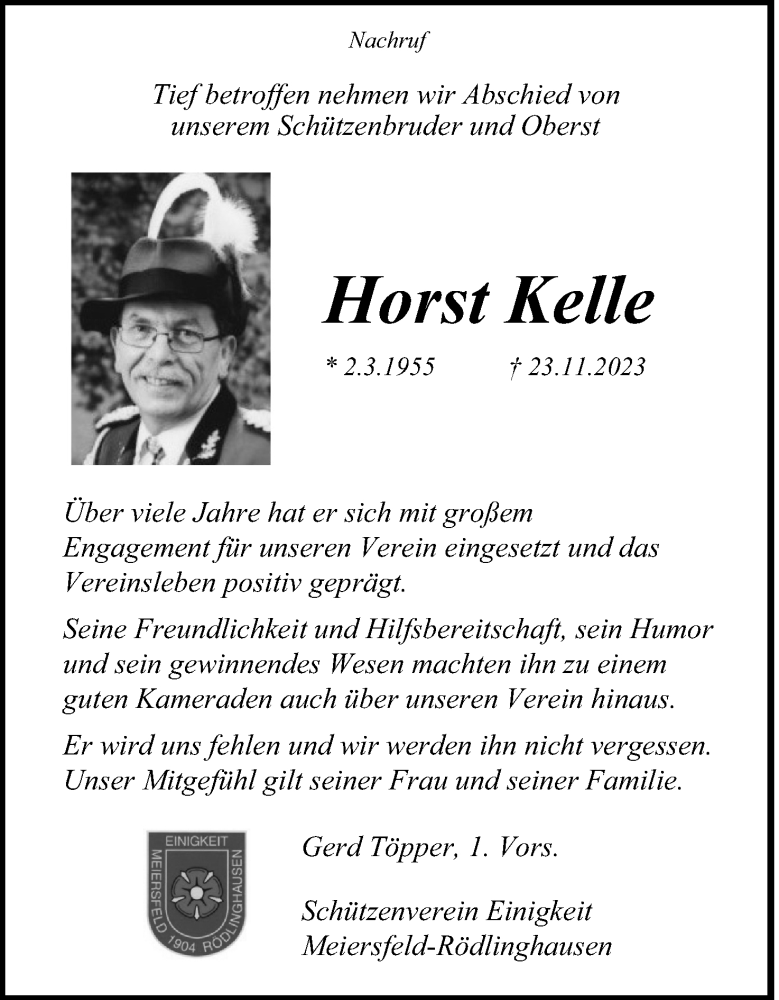  Traueranzeige für Horst Kelle vom 28.11.2023 aus Lippische Landes-Zeitung