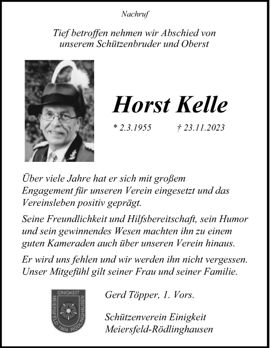 Anzeige  Horst Kelle  Lippische Landes-Zeitung