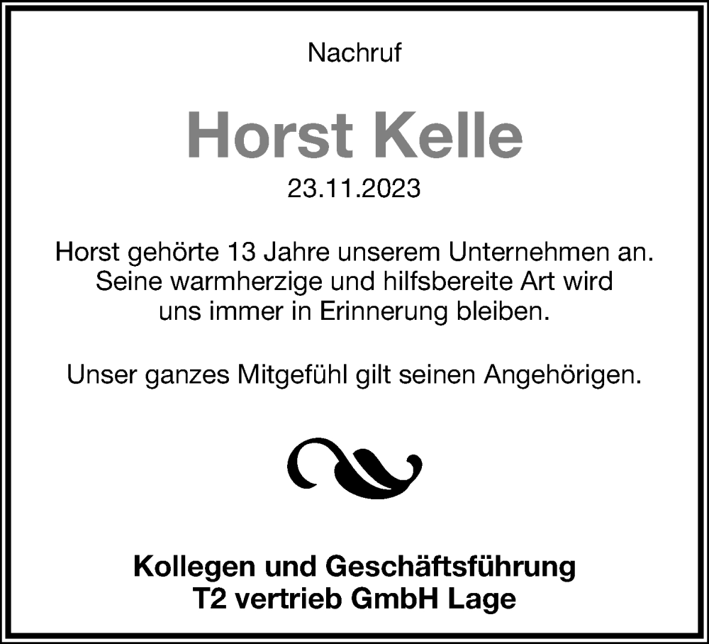  Traueranzeige für Horst Kelle vom 28.11.2023 aus Lippische Landes-Zeitung