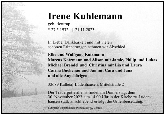 Anzeige  Irene Kuhlemann  Lippische Landes-Zeitung