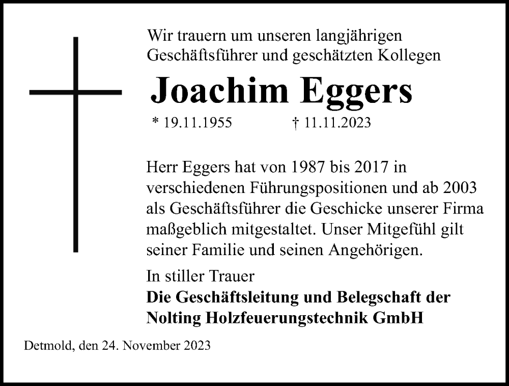  Traueranzeige für Joachim Eggers vom 24.11.2023 aus Lippische Landes-Zeitung