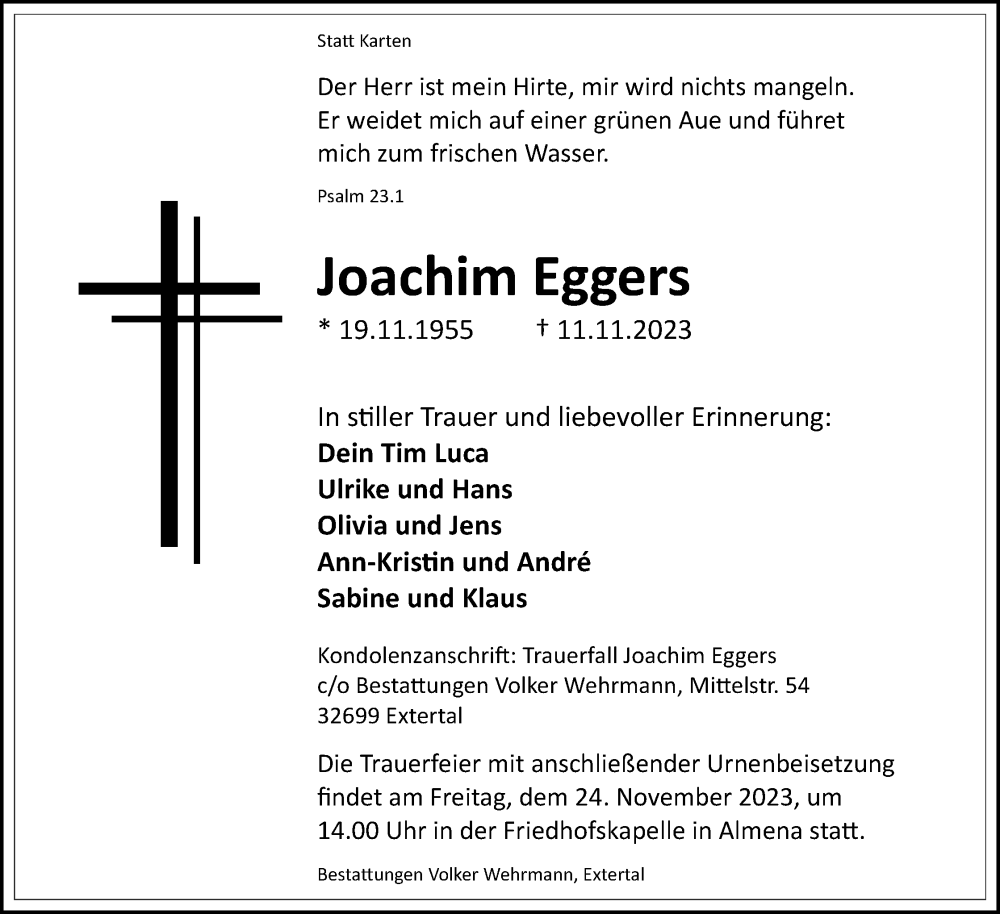  Traueranzeige für Joachim Eggers vom 18.11.2023 aus Lippische Landes-Zeitung