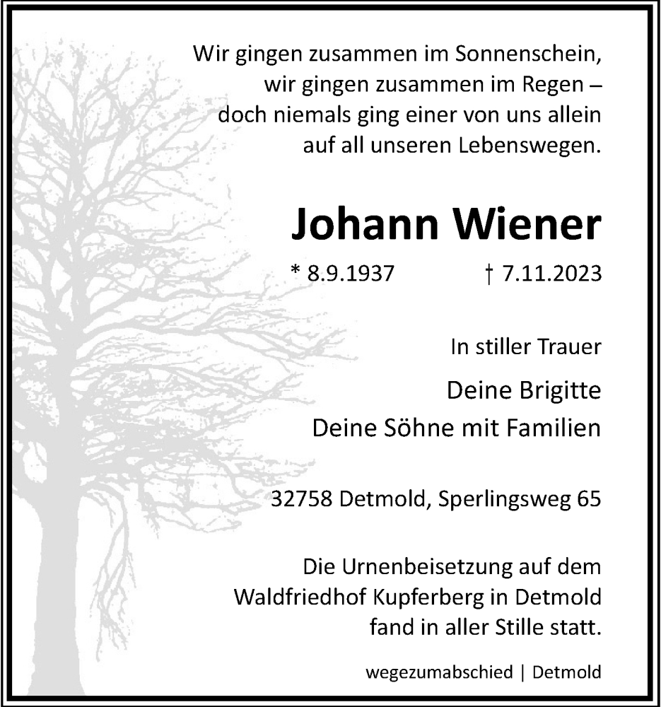  Traueranzeige für Johann Wiener vom 25.11.2023 aus Lippische Landes-Zeitung