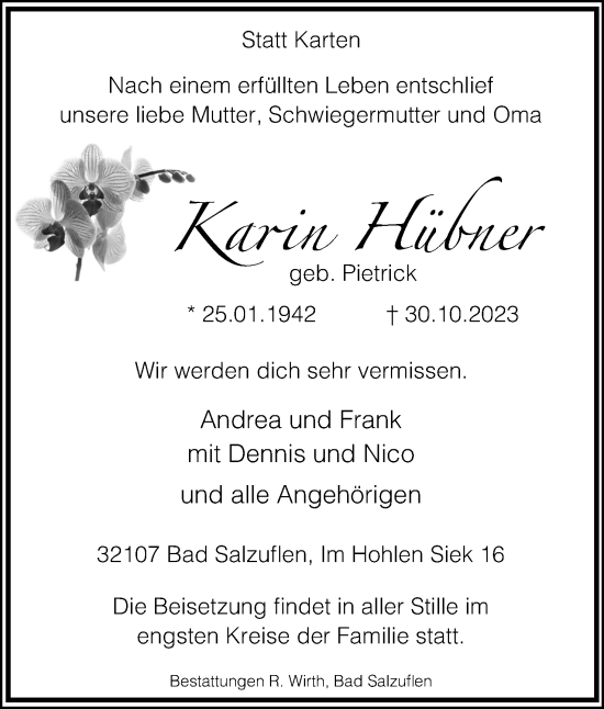 Anzeige  Karin Hübner  Lippische Landes-Zeitung