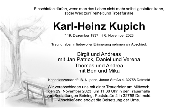Anzeige  Karl-Heinz Kupich  Lippische Landes-Zeitung