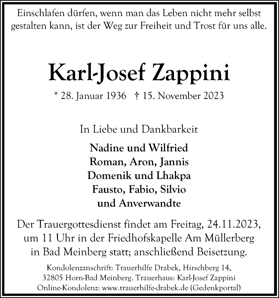  Traueranzeige für Karl-Josef Zappini vom 18.11.2023 aus Lippische Landes-Zeitung