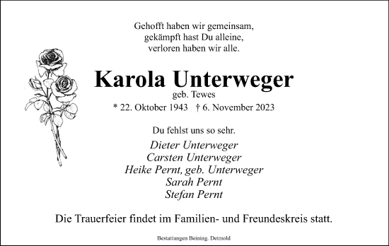 Anzeige  Karola Unterweger  Lippische Landes-Zeitung