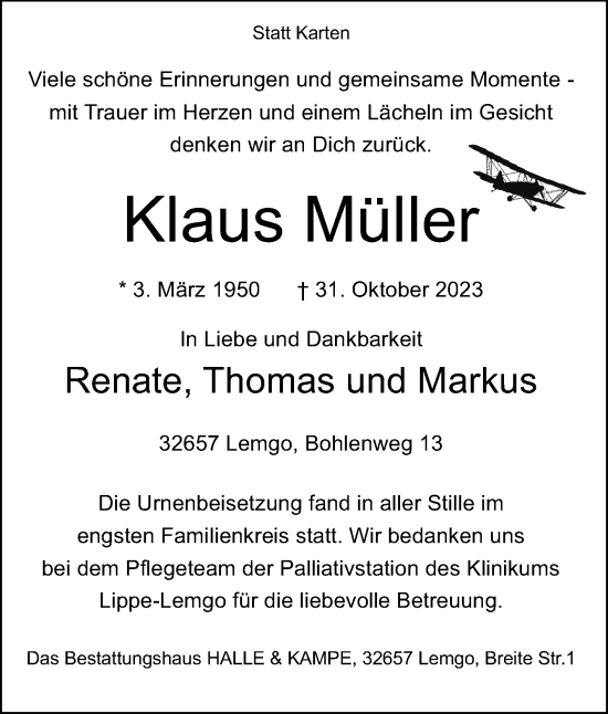 Anzeige  Klaus Müller  Lippische Landes-Zeitung