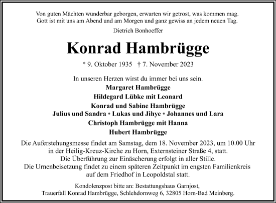 Anzeige  Konrad Hambrügge  Lippische Landes-Zeitung