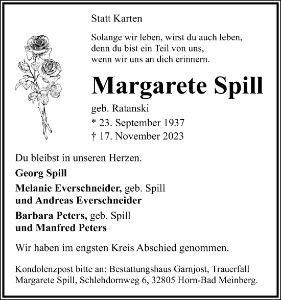 Anzeige  Margarete Spill  Lippische Landes-Zeitung