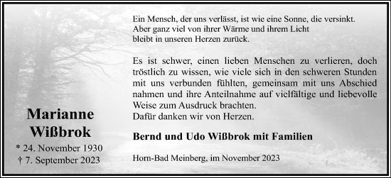 Anzeige  Marianne Wißbrok  Lippische Landes-Zeitung