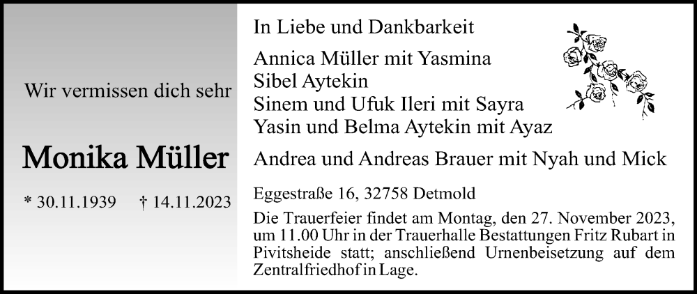  Traueranzeige für Monika Müller vom 18.11.2023 aus Lippische Landes-Zeitung