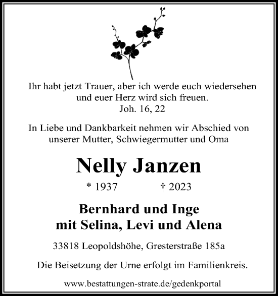 Anzeige  Nelly Janzen  Lippische Landes-Zeitung