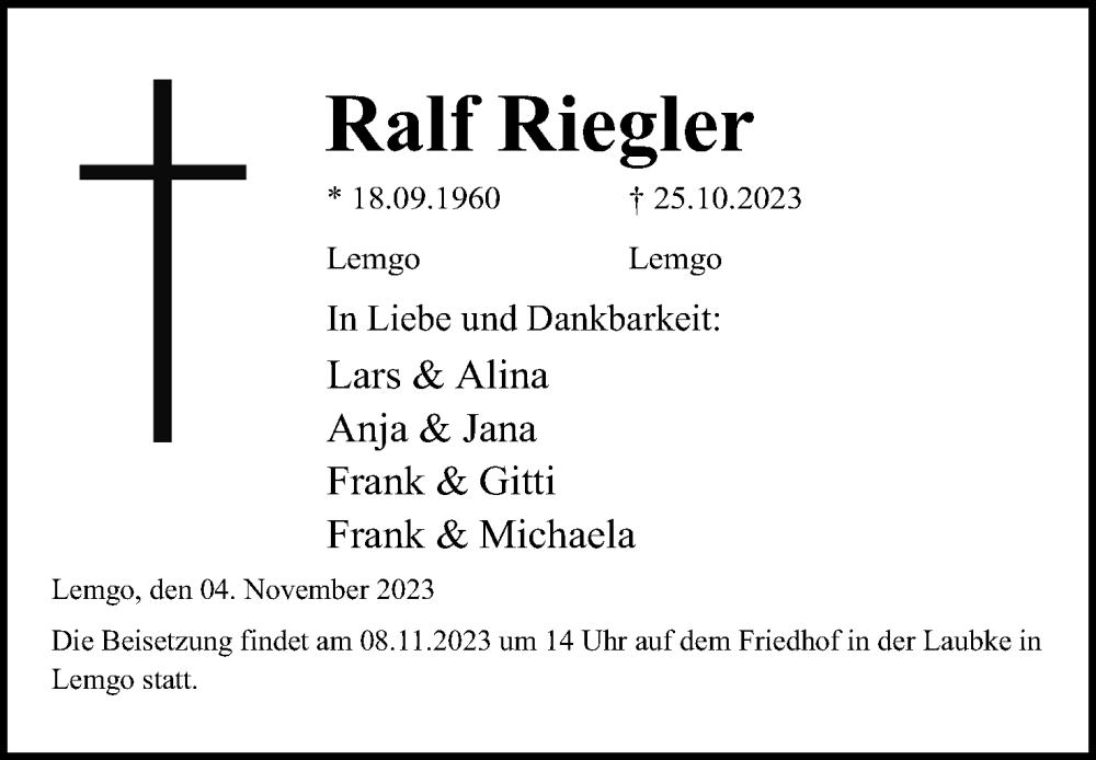  Traueranzeige für Ralf Riegler vom 04.11.2023 aus Lippische Landes-Zeitung