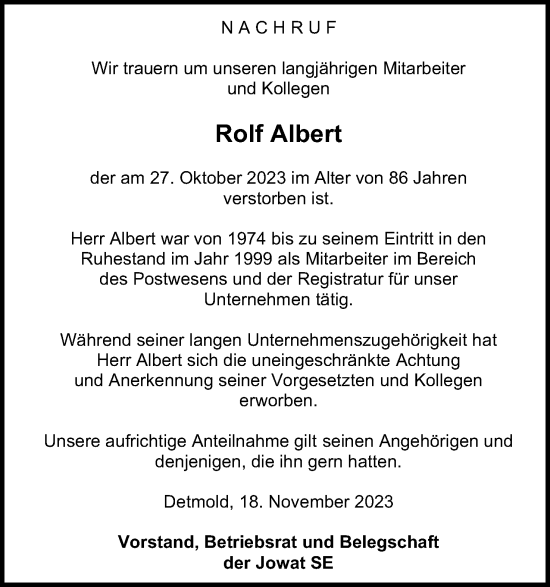 Anzeige  Rolf Albert  Lippische Landes-Zeitung
