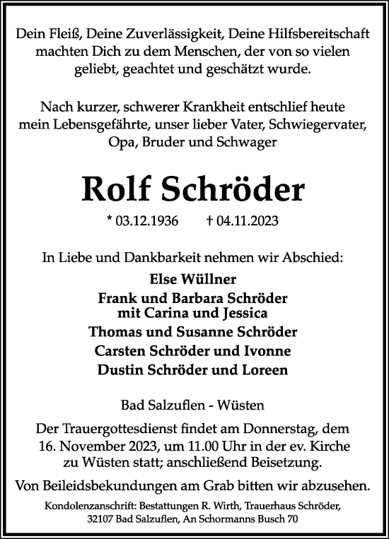 Anzeige  Rolf Schröder  Lippische Landes-Zeitung