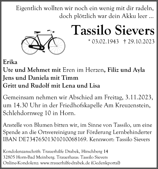 Anzeige  Tassilo Sievers  Lippische Landes-Zeitung