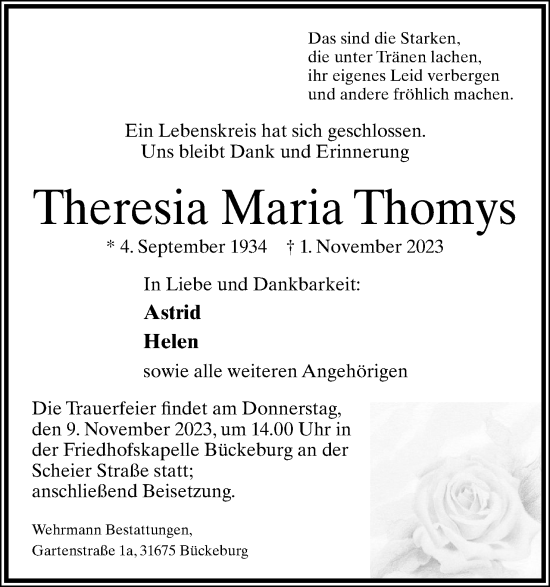 Anzeige  Theresia Maria Thomys  Lippische Landes-Zeitung