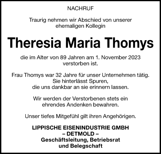 Anzeige  Theresia Maria Thomys  Lippische Landes-Zeitung