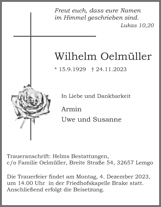 Anzeige  Wilhelm Oelmüller  Lippische Landes-Zeitung