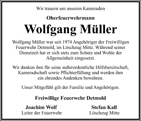Anzeige  Wolfgang Müller  Lippische Landes-Zeitung