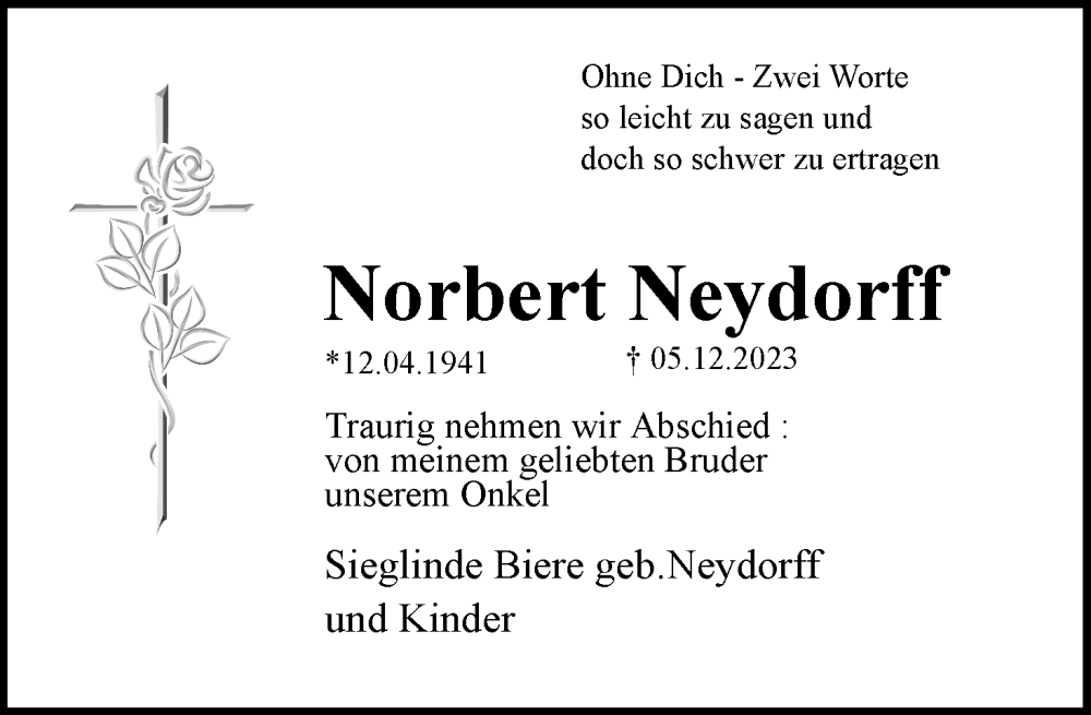  Traueranzeige für Norbert Neydorff vom 16.12.2023 aus Lippische Landes-Zeitung