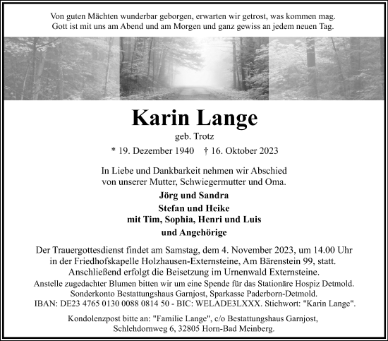 Anzeige  Karin Lange  Lippische Landes-Zeitung