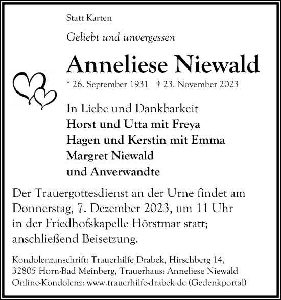 Anzeige  Anneliese Niewald  Lippische Landes-Zeitung