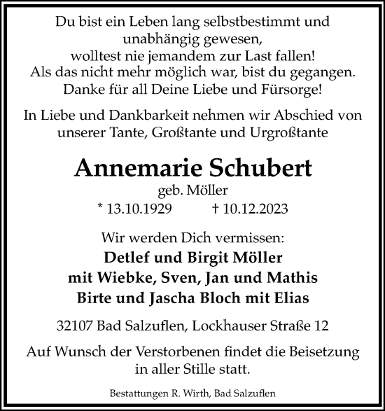 Anzeige  Annemarie Schubert  Lippische Landes-Zeitung