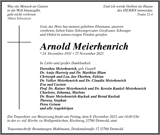 Anzeige  Arnold Meierhenrich  Lippische Landes-Zeitung