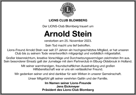 Anzeige  Arnold Stein  Lippische Landes-Zeitung