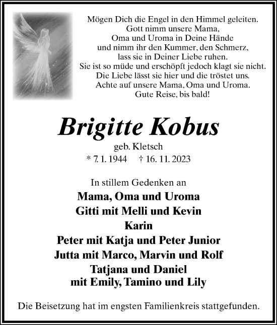 Anzeige  Brigitte Kobus  Lippische Landes-Zeitung