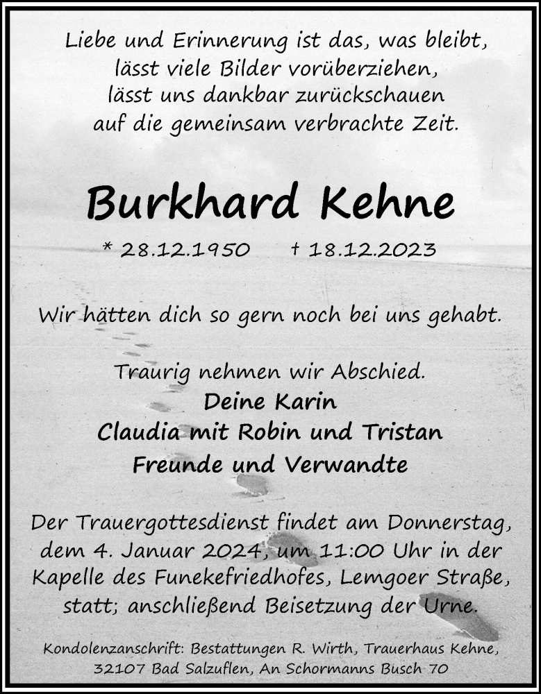  Traueranzeige für Burkhard Kehne vom 30.12.2023 aus Lippische Landes-Zeitung