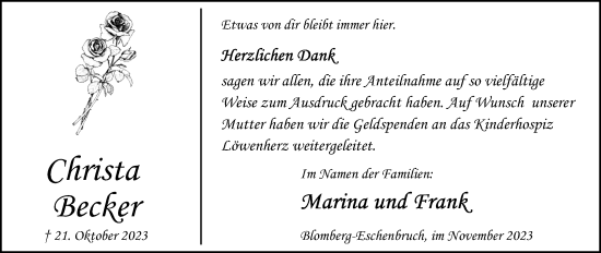 Anzeige  Christa Becker  Lippische Landes-Zeitung
