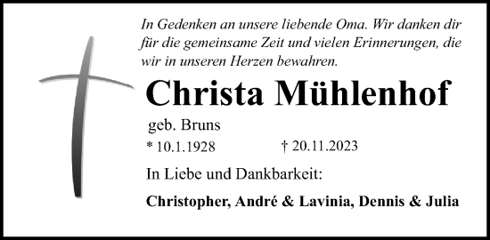 Anzeige  Christa Mühlenhof  Lippische Landes-Zeitung