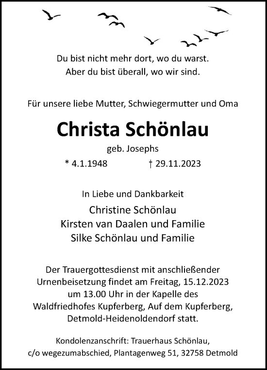 Anzeige  Christa Schönlau  Lippische Landes-Zeitung