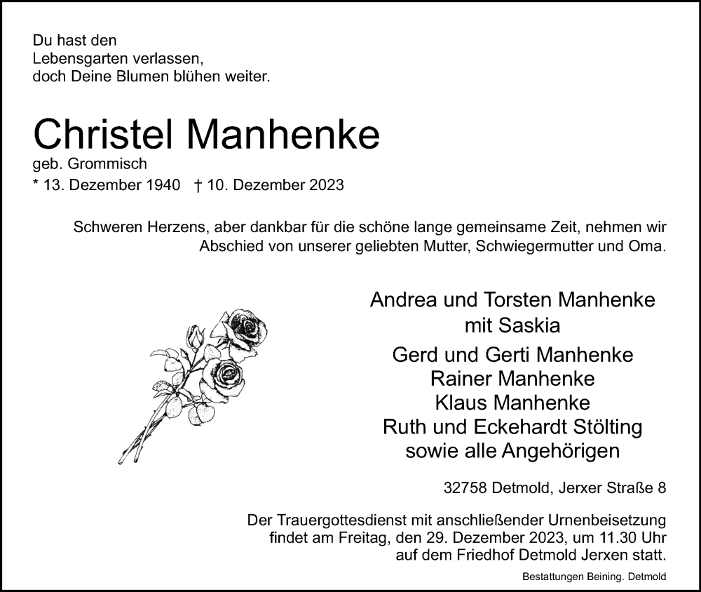  Traueranzeige für Christel Manhenke vom 23.12.2023 aus Lippische Landes-Zeitung