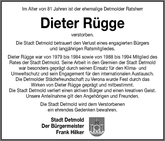 Anzeige  Dieter Rügge  Lippische Landes-Zeitung