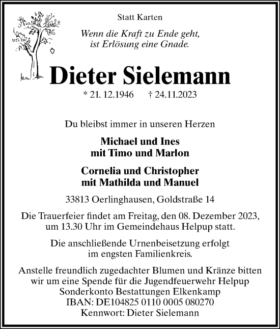 Anzeige  Dieter Sielemann  Lippische Landes-Zeitung
