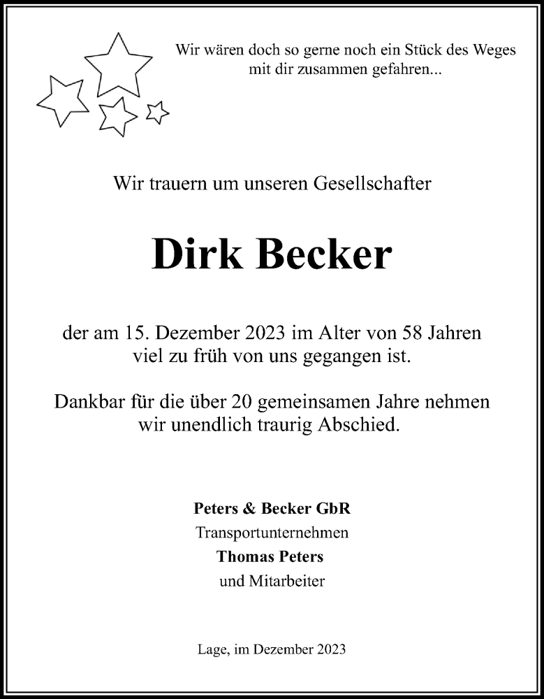  Traueranzeige für Dirk Becker vom 23.12.2023 aus Lippische Landes-Zeitung