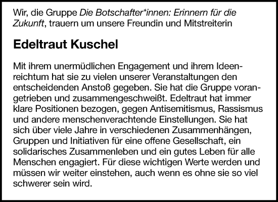 Anzeige  Edeltraut Kuschel  Lippische Landes-Zeitung