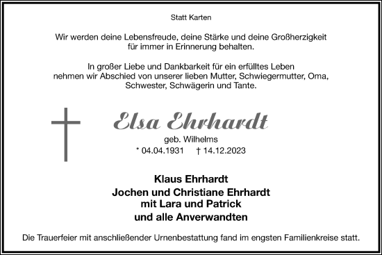 Anzeige  Elsa Ehrhardt  Lippische Landes-Zeitung