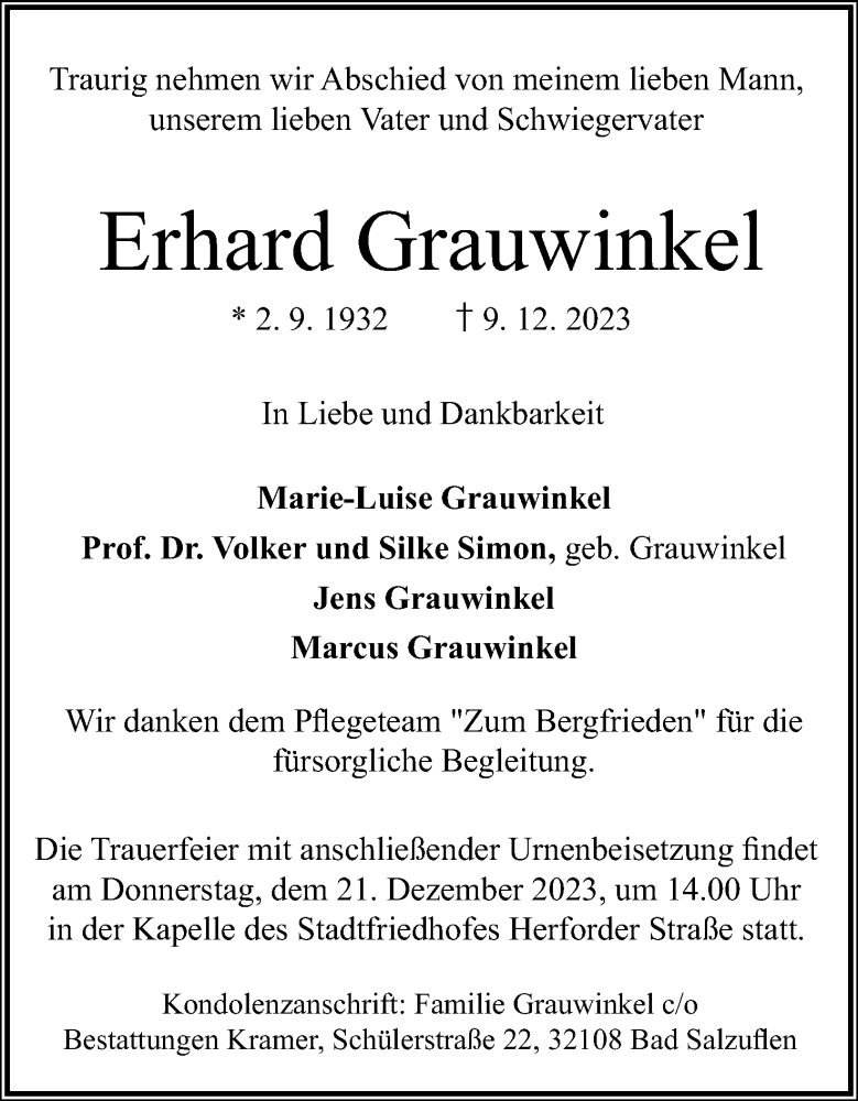  Traueranzeige für Erhard Grauwinkel vom 16.12.2023 aus Lippische Landes-Zeitung