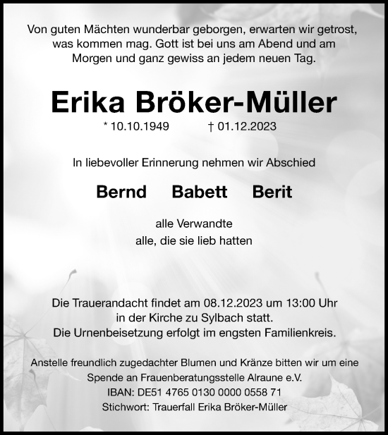 Anzeige  Erika Bröker-Müller  Lippische Landes-Zeitung