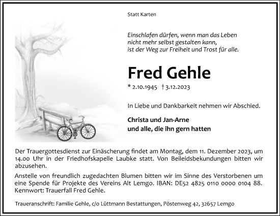 Anzeige  Fred Gehle  Lippische Landes-Zeitung